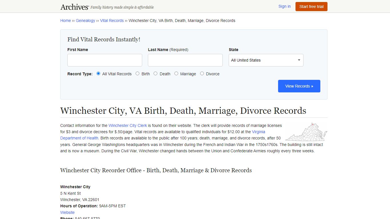 Winchester City, VA Birth, Death, Marriage, Divorce Records