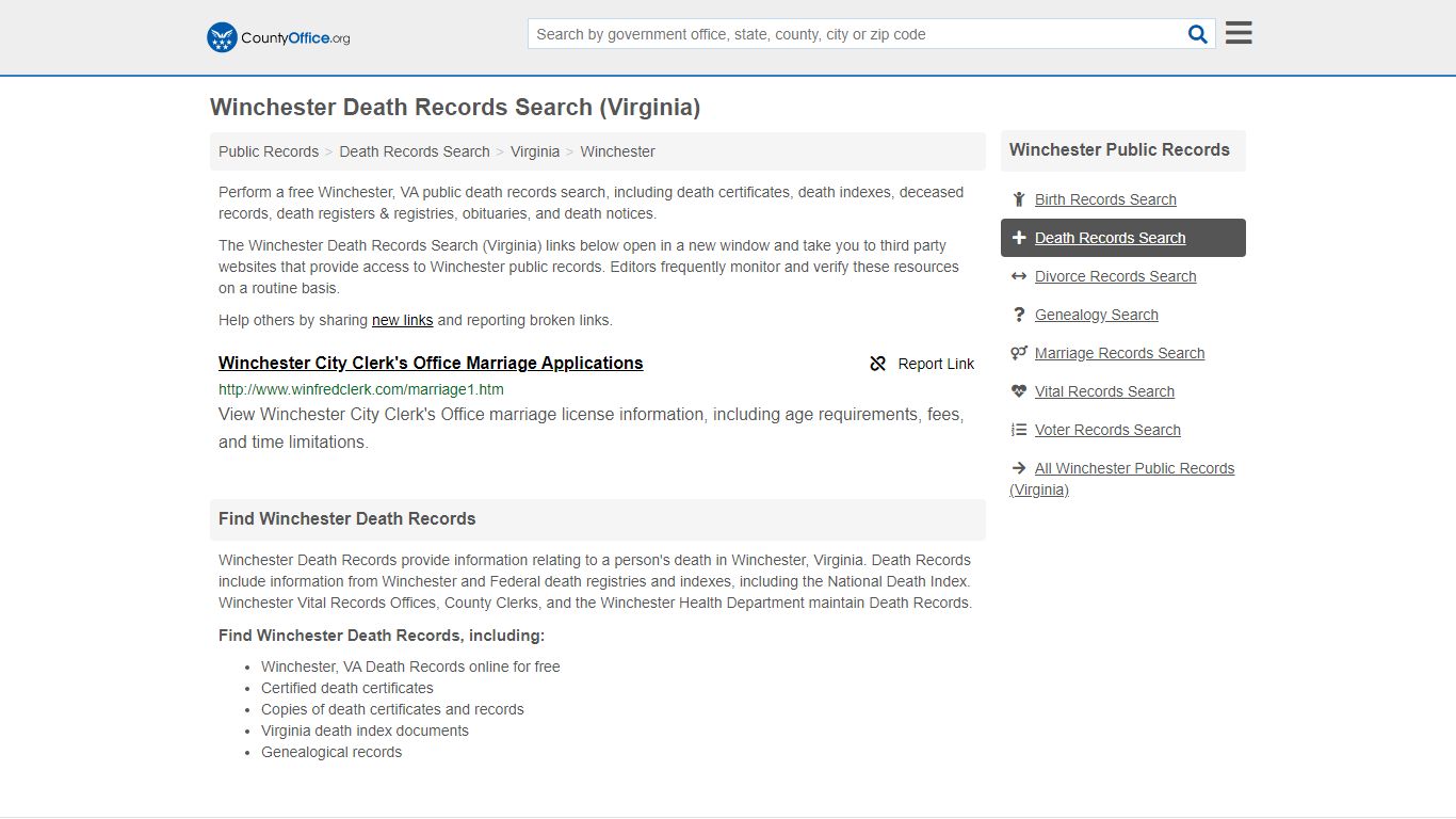 Death Records Search - Winchester, VA (Death Certificates ...
