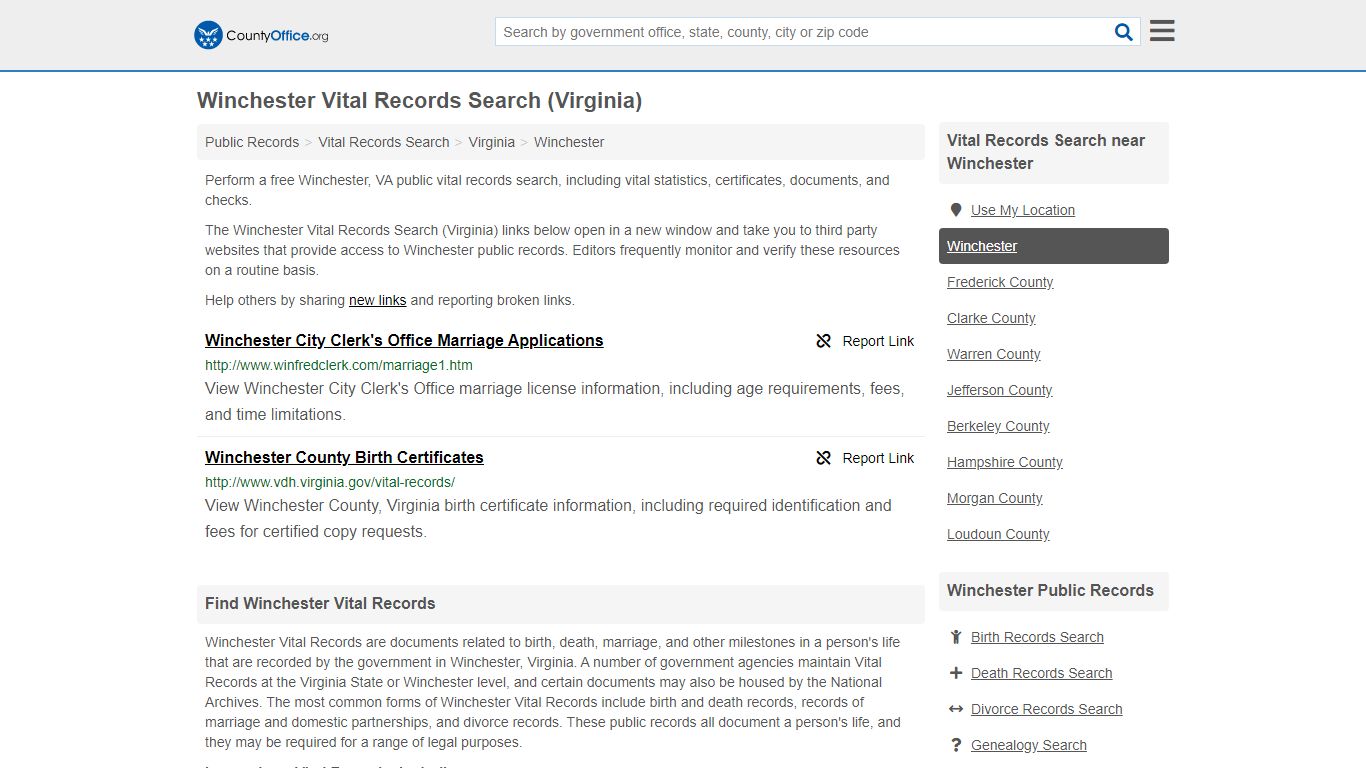 Vital Records Search - Winchester, VA (Birth, Death ...